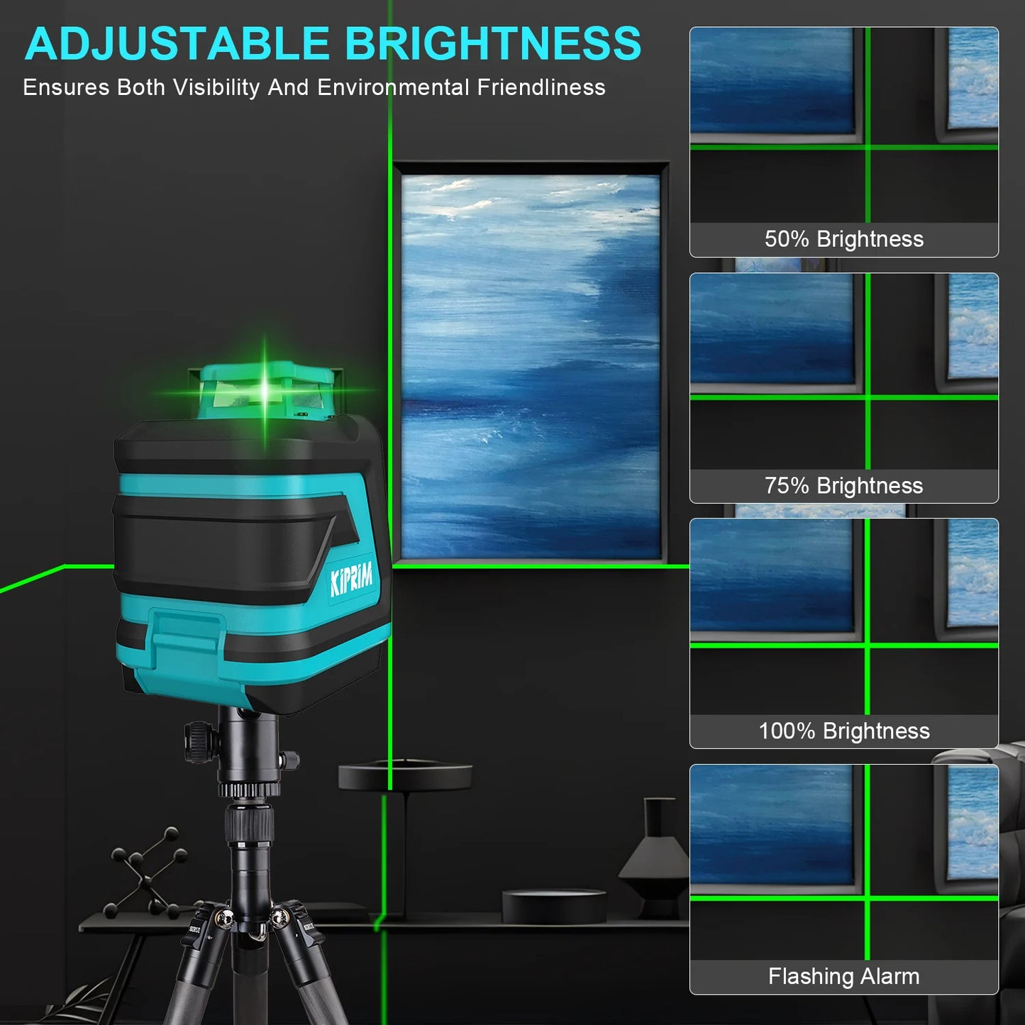 Kiprim Self-Leveling Laser – Green Beam, 360° Coverage