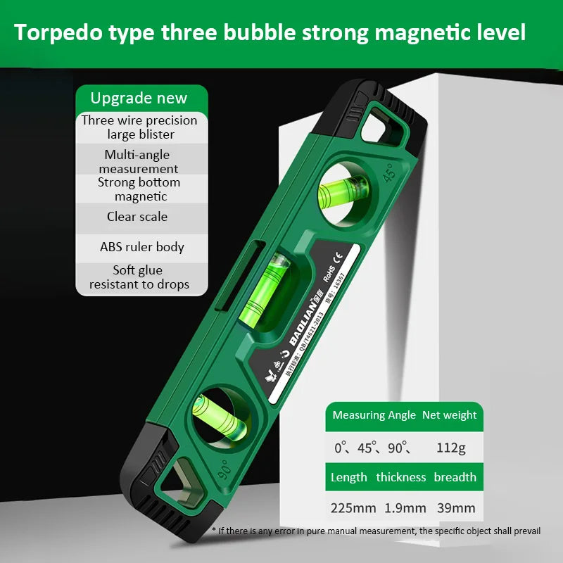 Heavy-Duty Magnetic Level – Shockproof, 3 Angles (225mm)
