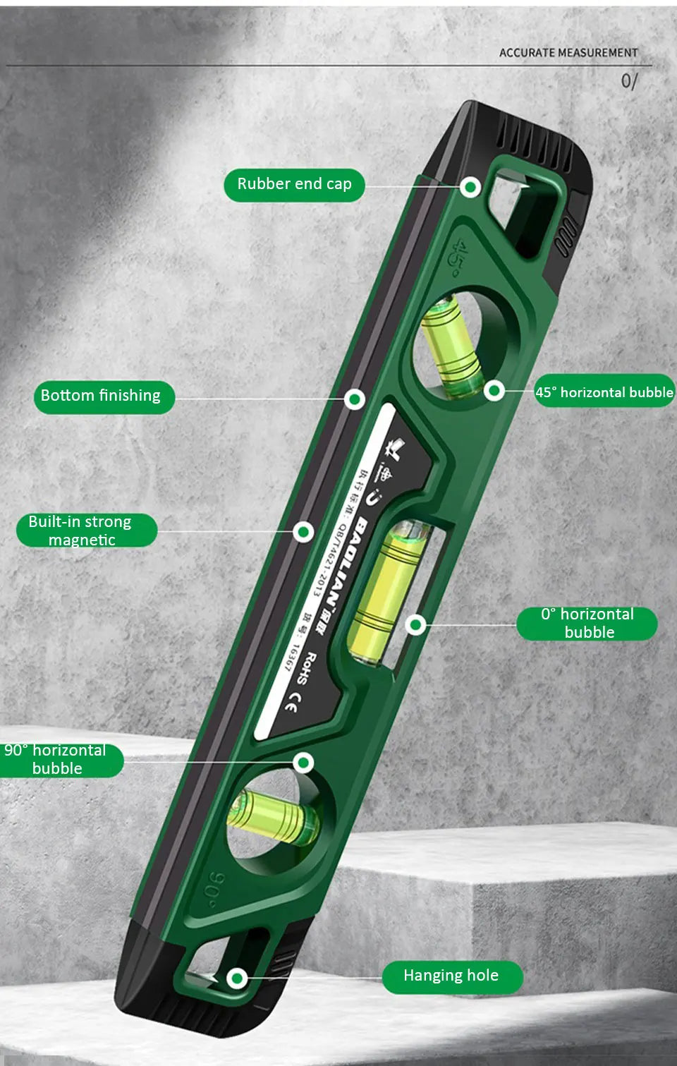 Heavy-Duty Magnetic Level – Shockproof, 3 Angles (225mm)