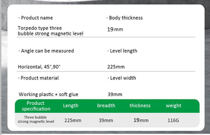 Heavy-Duty Magnetic Level – Shockproof, 3 Angles (225mm)